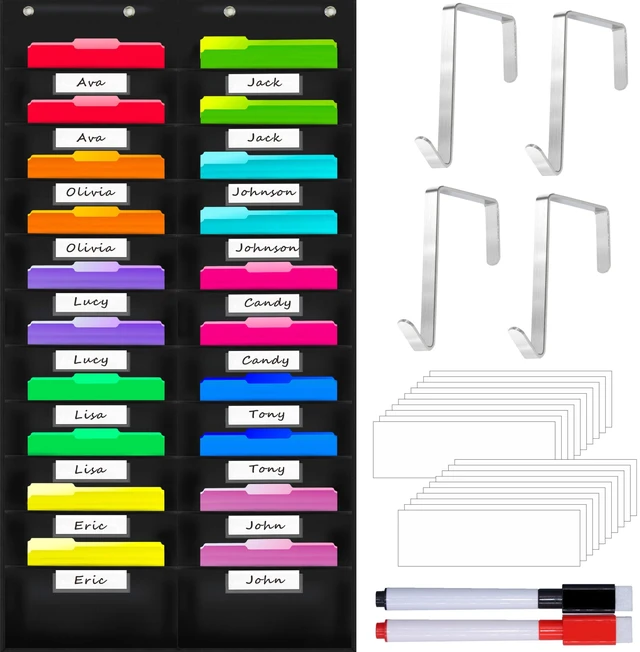 Main image of Nylon Storage Pocket Chart with 20 Name Tag Pockets, Hanging Wall File Organizer, 4 Hooks and 20 Blank Cards, Organize Your Assignments, Files, Scrapbooks, Paper (28.5x 47)