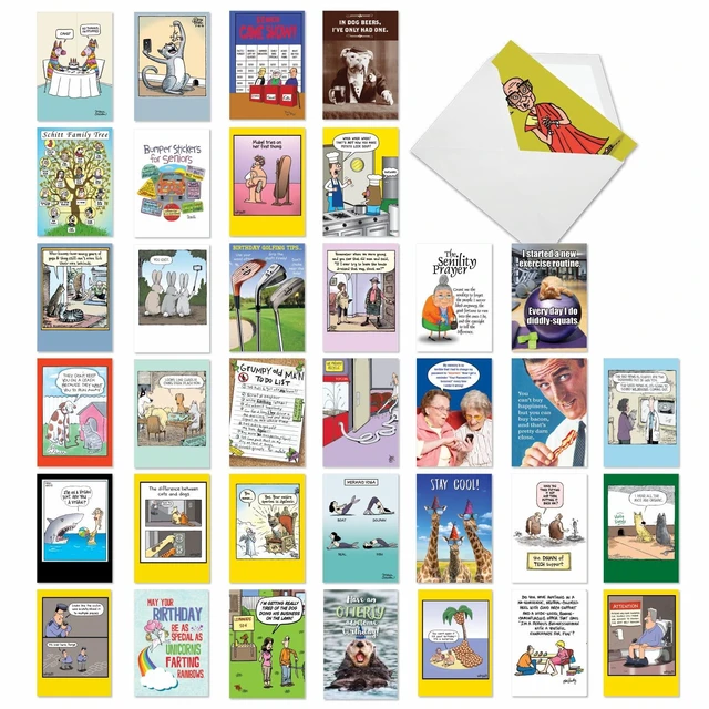 Main image of 36 Funny Birthday Cards Dry Wit Adult Bulk AC2911BDG-B1x36 Edgy Variety Pack Notecards w/ Envelopes for Men Bday Favorites Collection Hilarious Assortment Greeting Set