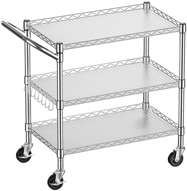 Main image of Heavy Duty 3 Tier Utility Rolling Kitchen Cart on Wheels 990LB Capacity Metal Utility Cart with Wheels Serving Cart Commercial Grade Carts with Wire Shelving & Handle Bar for Kitchen Office School