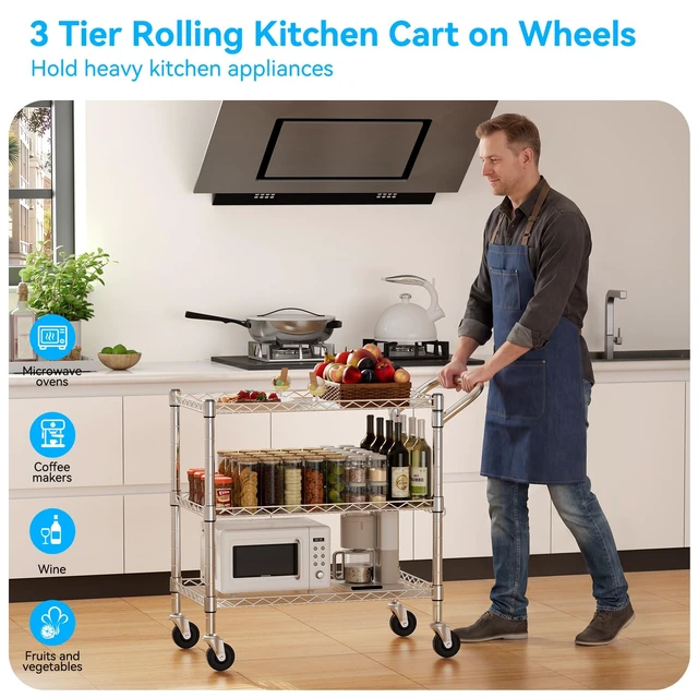 Alt view image 2 of 7 - Heavy Duty 3 Tier Utility Rolling Kitchen Cart on Wheels 990LB Capacity Metal Utility Cart with Wheels Serving Cart Commercial Grade Carts with Wire Shelving & Handle Bar for Kitchen Office School