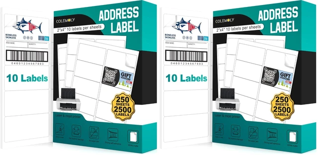 Main image of 2x4 Labels Sticker Paper - 2500 Address Labels (250 Sheets) for Laser/Inkjet Printer Matte White Blank Labels on 8.5x11 Inch for Mailing, Shipping, and Organizing (Pack of 2)