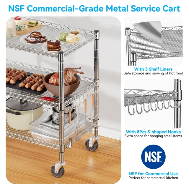 Alt view image 3 of 7 - Heavy Duty 3 Tier Utility Rolling Kitchen Cart on Wheels 990LB Capacity Metal Utility Cart with Wheels Serving Cart Commercial Grade Carts with Wire Shelving & Handle Bar for Kitchen Office School