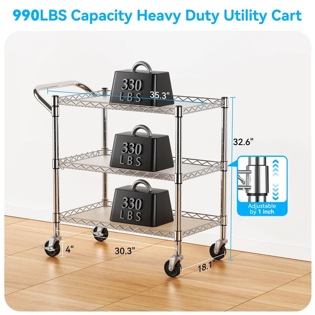 Alt view image 4 of 7 - Heavy Duty 3 Tier Utility Rolling Kitchen Cart on Wheels 990LB Capacity Metal Utility Cart with Wheels Serving Cart Commercial Grade Carts with Wire Shelving & Handle Bar for Kitchen Office School