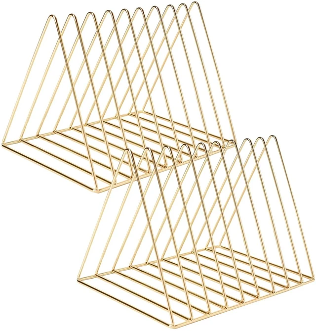 Main image of 2 Pack 9 Slot Gold Magazine Holder, Desktop File Sorter Organizer Triangle Bookshelf Decor for Home Office, Iron Wire
