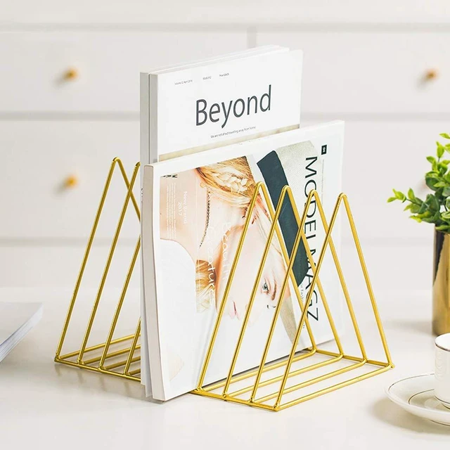 Alt view image 2 of 7 - 2 Pack 9 Slot Gold Magazine Holder, Desktop File Sorter Organizer Triangle Bookshelf Decor for Home Office, Iron Wire