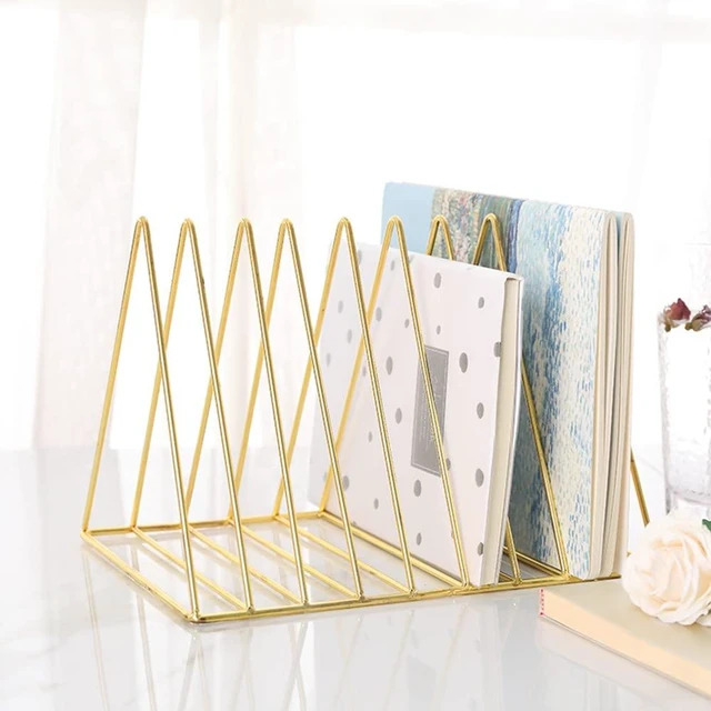 Alt view image 4 of 7 - 2 Pack 9 Slot Gold Magazine Holder, Desktop File Sorter Organizer Triangle Bookshelf Decor for Home Office, Iron Wire