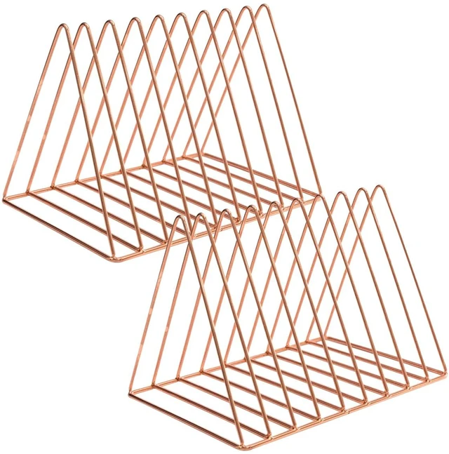 Main image of 2 Pack Rose Gold Magazine Holder, 9 Slot Desktop File Sorter Record Holder, Book Album Display Rack, Desktop File Sorter Organizer, Triangle Bookshelf Decor for Home Office