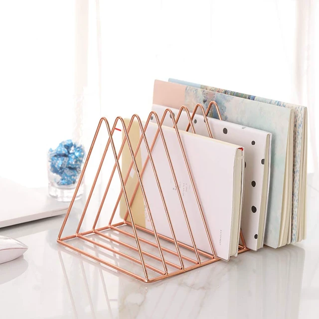 Alt view image 2 of 6 - 2 Pack Rose Gold Magazine Holder, 9 Slot Desktop File Sorter Record Holder, Book Album Display Rack, Desktop File Sorter Organizer, Triangle Bookshelf Decor for Home Office
