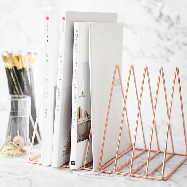 Alt view image 3 of 6 - 2 Pack Rose Gold Magazine Holder, 9 Slot Desktop File Sorter Record Holder, Book Album Display Rack, Desktop File Sorter Organizer, Triangle Bookshelf Decor for Home Office