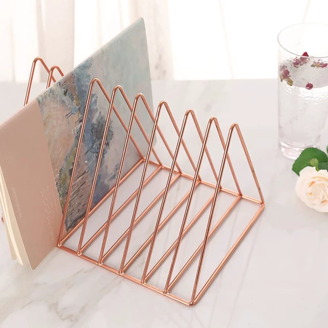 Alt view image 4 of 6 - 2 Pack Rose Gold Magazine Holder, 9 Slot Desktop File Sorter Record Holder, Book Album Display Rack, Desktop File Sorter Organizer, Triangle Bookshelf Decor for Home Office