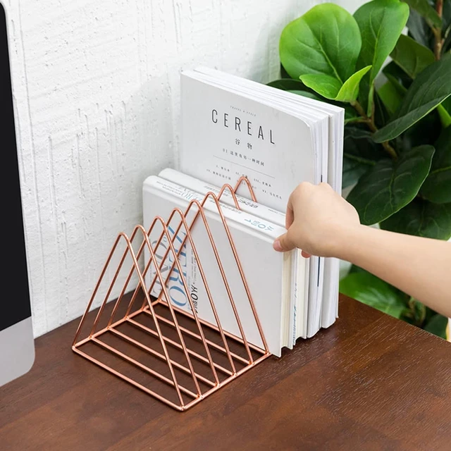 Alt view image 5 of 6 - 2 Pack Rose Gold Magazine Holder, 9 Slot Desktop File Sorter Record Holder, Book Album Display Rack, Desktop File Sorter Organizer, Triangle Bookshelf Decor for Home Office