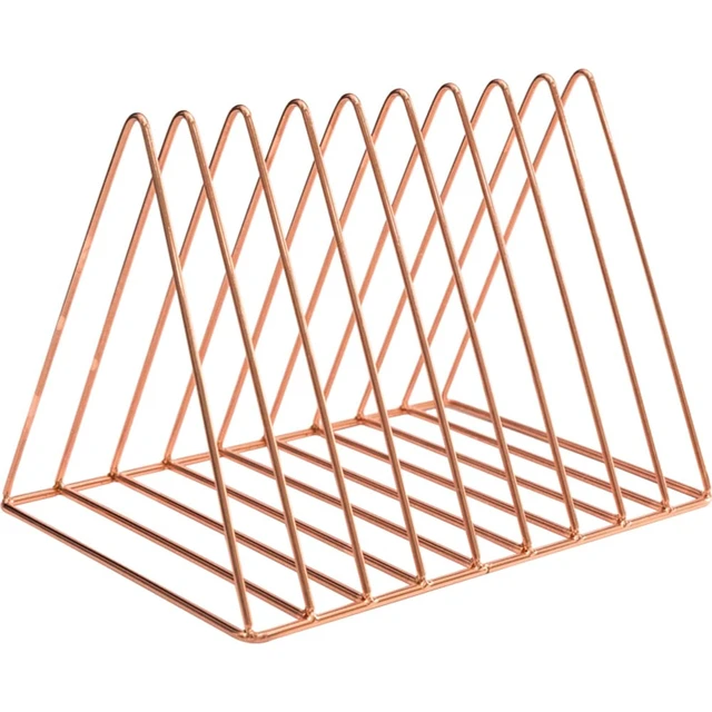 Alt view image 6 of 6 - 2 Pack Rose Gold Magazine Holder, 9 Slot Desktop File Sorter Record Holder, Book Album Display Rack, Desktop File Sorter Organizer, Triangle Bookshelf Decor for Home Office