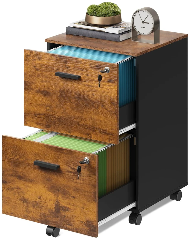 Main image of 2 Drawer File Cabinet with Lock, Mobile Printer Stand, Rustic Brown Under Desk Cabinet, Wood Filing Cabinet, Rolling & Locking, Fits A4 or Letter Size, For Home Office & Study