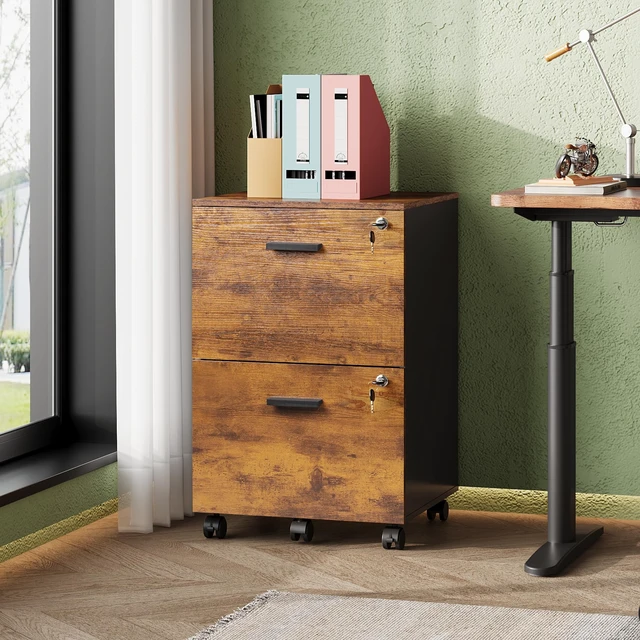 Alt view image 2 of 7 - 2 Drawer File Cabinet with Lock, Mobile Printer Stand, Rustic Brown Under Desk Cabinet, Wood Filing Cabinet, Rolling & Locking, Fits A4 or Letter Size, For Home Office & Study