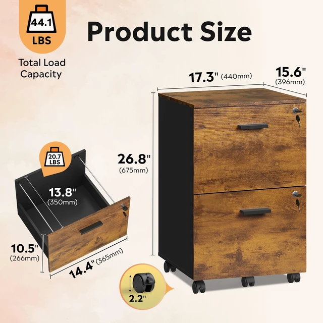 Alt view image 3 of 7 - 2 Drawer File Cabinet with Lock, Mobile Printer Stand, Rustic Brown Under Desk Cabinet, Wood Filing Cabinet, Rolling & Locking, Fits A4 or Letter Size, For Home Office & Study