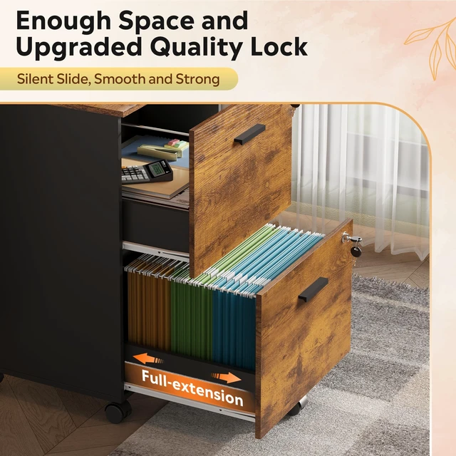 Alt view image 4 of 7 - 2 Drawer File Cabinet with Lock, Mobile Printer Stand, Rustic Brown Under Desk Cabinet, Wood Filing Cabinet, Rolling & Locking, Fits A4 or Letter Size, For Home Office & Study