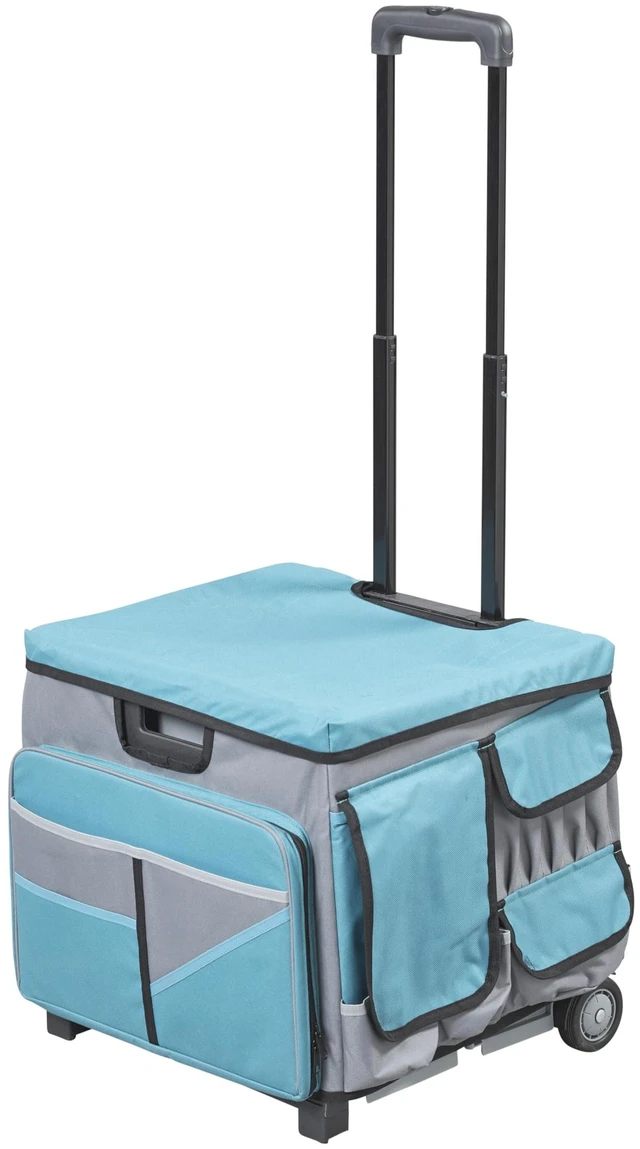 Main image of Folding Mobile Utility Cart, Canvas Organizer Bag, Turquoise/Grey Durable plastic, 30 compartments, adjustable handle, 40 lb capacity, collapses to 3" thick, rolling wheels for easy transport