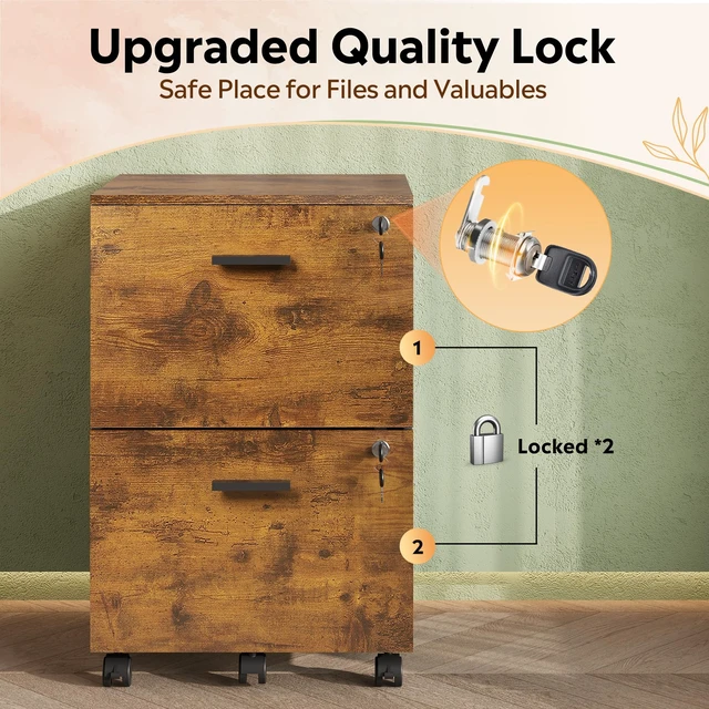 Alt view image 7 of 7 - 2 Drawer File Cabinet with Lock, Mobile Printer Stand, Rustic Brown Under Desk Cabinet, Wood Filing Cabinet, Rolling & Locking, Fits A4 or Letter Size, For Home Office & Study