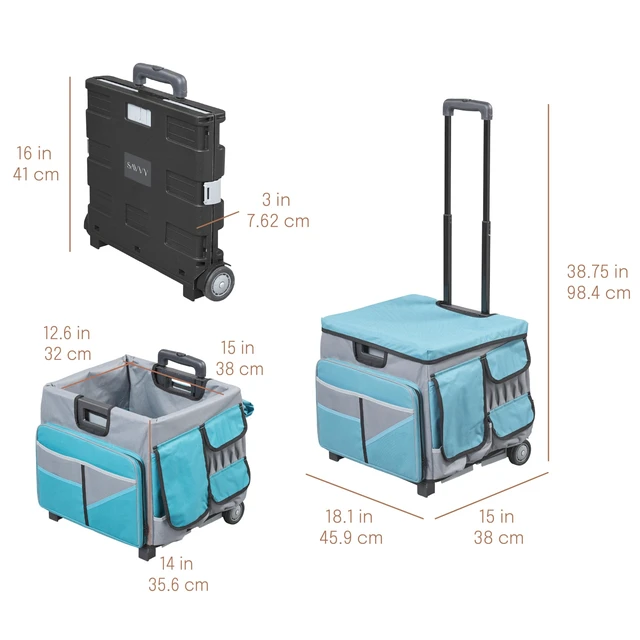 Alt view image 2 of 7 - Folding Mobile Utility Cart, Canvas Organizer Bag, Turquoise/Grey Durable plastic, 30 compartments, adjustable handle, 40 lb capacity, collapses to 3" thick, rolling wheels for easy transport