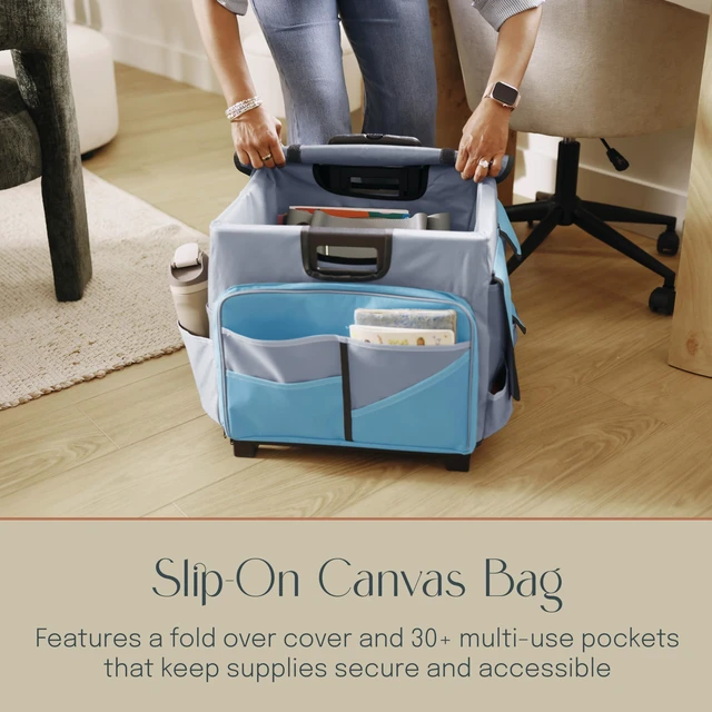 Alt view image 4 of 7 - Folding Mobile Utility Cart, Canvas Organizer Bag, Turquoise/Grey Durable plastic, 30 compartments, adjustable handle, 40 lb capacity, collapses to 3" thick, rolling wheels for easy transport
