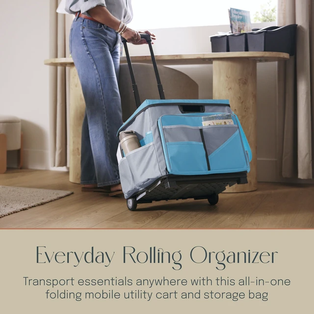 Alt view image 3 of 7 - Folding Mobile Utility Cart, Canvas Organizer Bag, Turquoise/Grey Durable plastic, 30 compartments, adjustable handle, 40 lb capacity, collapses to 3" thick, rolling wheels for easy transport