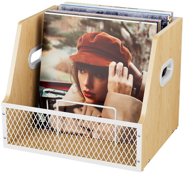 Main image of Vinyl Record Storage, Wooden Crate for Record Holder Album Storage for 7/10/12 inch 60+ Vinyl Magazine File Holder Natural Beige