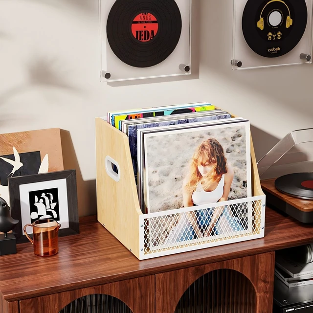 Alt view image 4 of 6 - Vinyl Record Storage, Wooden Crate for Record Holder Album Storage for 7/10/12 inch 60+ Vinyl Magazine File Holder Natural Beige