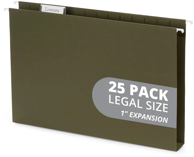 Main image of 25 Legal Size Expandable Hanging File Folders, 1" Standard Green, 12.5pt, 1 in Expansion, Reinforced, Tabs Included, for Legal Charts, Files, and Manuals
