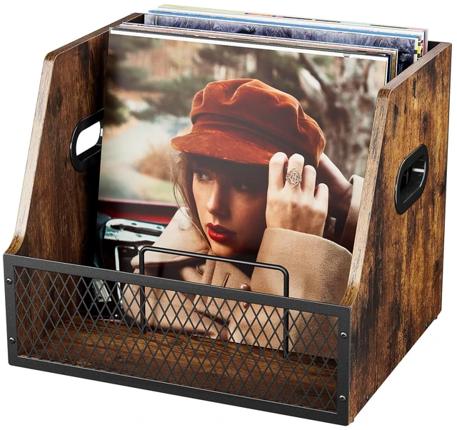 Main image of Vinyl Record Storage,Wooden Crate Vinyl Holder with Dividers for Albums & Magazine Rack Organizer for 60+ Records Case Box for 7/10/12 inch