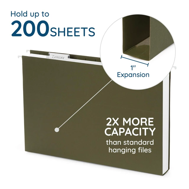 Alt view image 3 of 5 - 25 Legal Size Expandable Hanging File Folders, 1" Standard Green, 12.5pt, 1 in Expansion, Reinforced, Tabs Included, for Legal Charts, Files, and Manuals