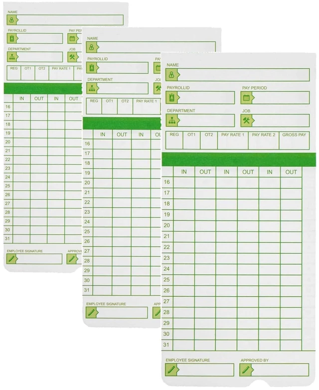Main image of Time Cards for Employees Monthly, All Pay Periods, 300 Count TimeCards for Hn3000, 2-Sided, 3 3/8" x 7 3/8", Green (Pack of 3)