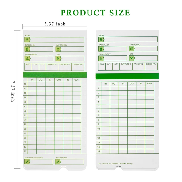 Alt view image 2 of 6 - Time Cards for Employees Monthly, All Pay Periods, 300 Count TimeCards for Hn3000, 2-Sided, 3 3/8" x 7 3/8", Green (Pack of 3)