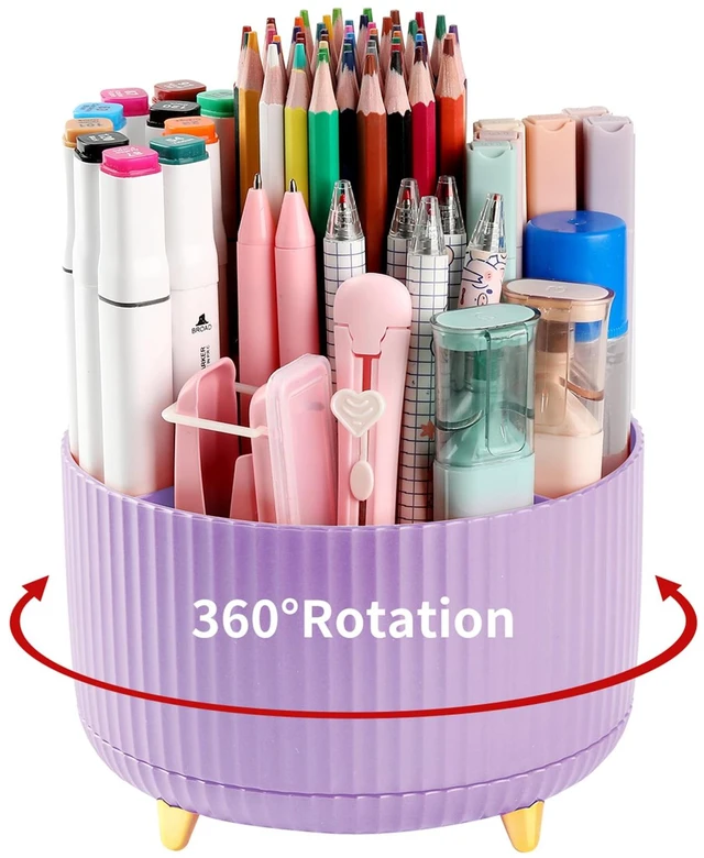 Main image of Desk Pencil Pen Holder, 5 Slots 360°Degree Rotating Pen Organizers for Desk, Desktop Storage Stationery Supplies Organizer, Cute Pencil Cup Pot for Office, School, Home, Art Supply, Purple