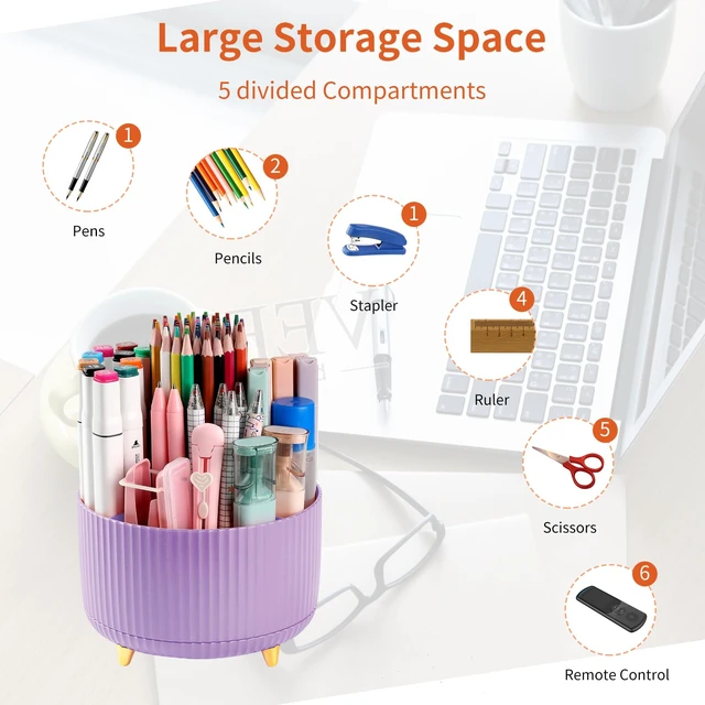 Alt view image 3 of 7 - Desk Pencil Pen Holder, 5 Slots 360°Degree Rotating Pen Organizers for Desk, Desktop Storage Stationery Supplies Organizer, Cute Pencil Cup Pot for Office, School, Home, Art Supply, Purple