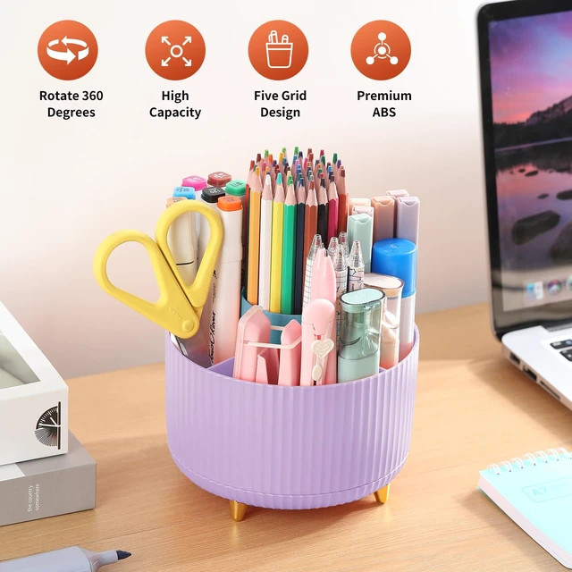 Alt view image 2 of 7 - Desk Pencil Pen Holder, 5 Slots 360°Degree Rotating Pen Organizers for Desk, Desktop Storage Stationery Supplies Organizer, Cute Pencil Cup Pot for Office, School, Home, Art Supply, Purple