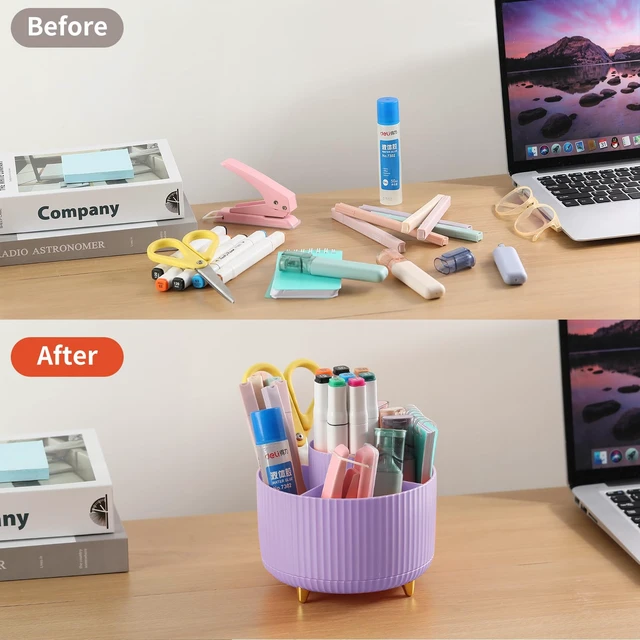 Alt view image 4 of 7 - Desk Pencil Pen Holder, 5 Slots 360°Degree Rotating Pen Organizers for Desk, Desktop Storage Stationery Supplies Organizer, Cute Pencil Cup Pot for Office, School, Home, Art Supply, Purple