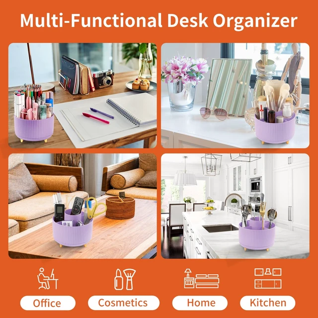 Alt view image 5 of 7 - Desk Pencil Pen Holder, 5 Slots 360°Degree Rotating Pen Organizers for Desk, Desktop Storage Stationery Supplies Organizer, Cute Pencil Cup Pot for Office, School, Home, Art Supply, Purple