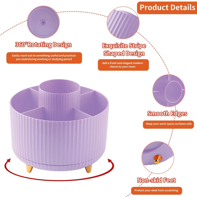 Alt view image 6 of 7 - Desk Pencil Pen Holder, 5 Slots 360°Degree Rotating Pen Organizers for Desk, Desktop Storage Stationery Supplies Organizer, Cute Pencil Cup Pot for Office, School, Home, Art Supply, Purple