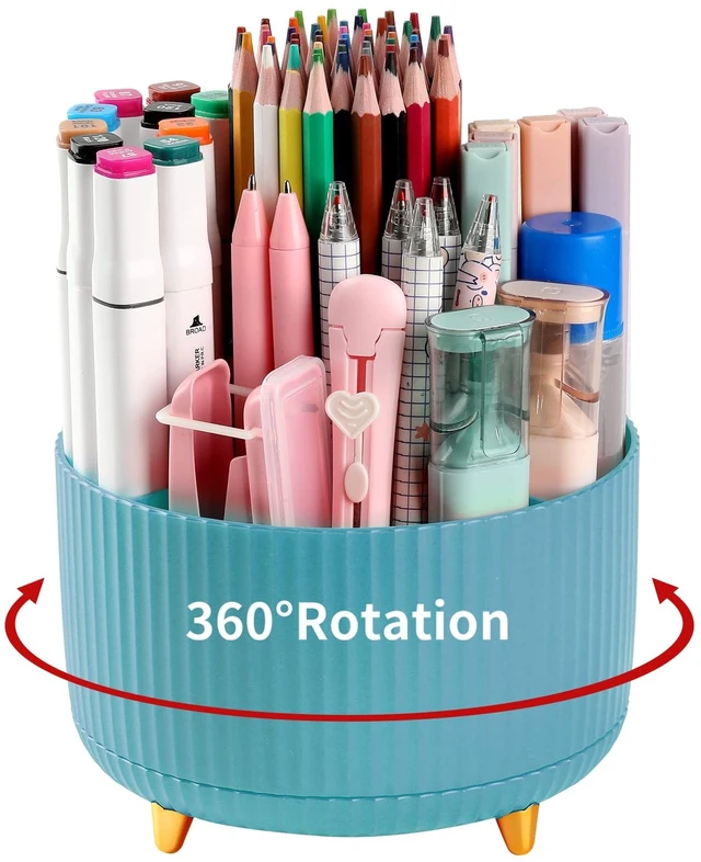 Main image of Desk Pencil Pen Holder, 5 Slots 360°Degree Rotating Organizers for, Desktop Storage Stationery Supplies Organizer, Cute Cup Pot Office, School, Home, Art Supply, Blue