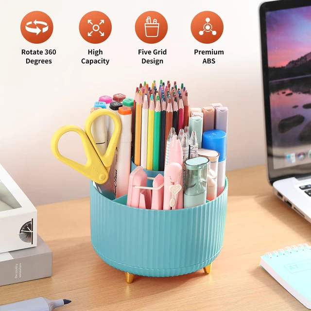 Alt view image 2 of 7 - Desk Pencil Pen Holder, 5 Slots 360°Degree Rotating Organizers for, Desktop Storage Stationery Supplies Organizer, Cute Cup Pot Office, School, Home, Art Supply, Blue