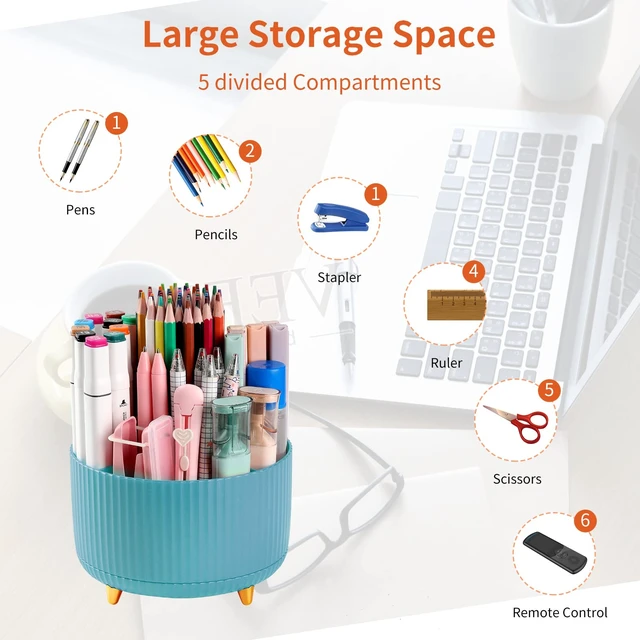 Alt view image 3 of 7 - Desk Pencil Pen Holder, 5 Slots 360°Degree Rotating Organizers for, Desktop Storage Stationery Supplies Organizer, Cute Cup Pot Office, School, Home, Art Supply, Blue