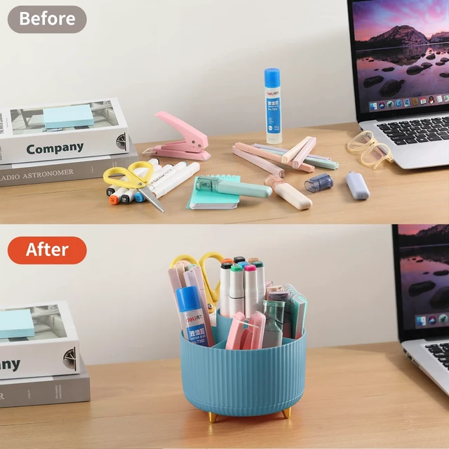 Alt view image 4 of 7 - Desk Pencil Pen Holder, 5 Slots 360°Degree Rotating Organizers for, Desktop Storage Stationery Supplies Organizer, Cute Cup Pot Office, School, Home, Art Supply, Blue