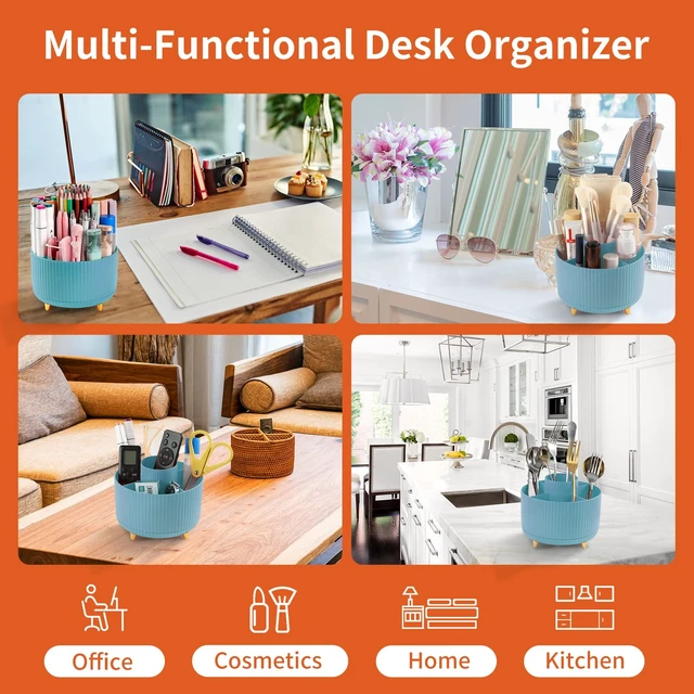 Alt view image 5 of 7 - Desk Pencil Pen Holder, 5 Slots 360°Degree Rotating Organizers for, Desktop Storage Stationery Supplies Organizer, Cute Cup Pot Office, School, Home, Art Supply, Blue