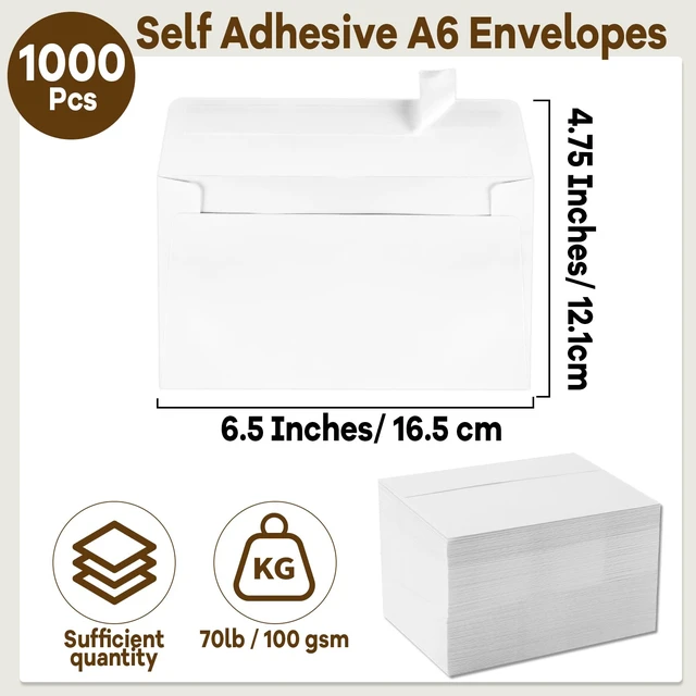 Alt view image 2 of 7 - Self Adhesive Invitation, 1000 Pcs A6 Envelopes 4.75x6.5 Inches Paper Material, Self Seal Envelopes, 1000 Count, For Weddings, Baby Showers, Photos, Notes, Greeting Cards, Easy Mailing