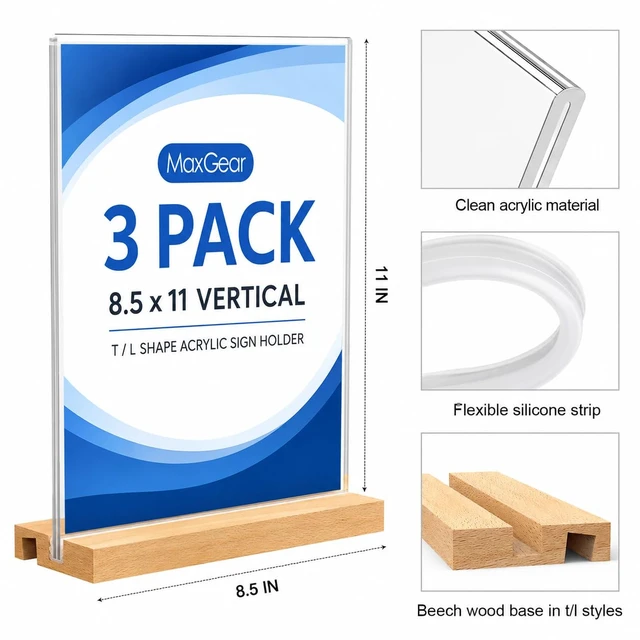 Alt view image 3 of 7 - Acrylic Sign Holder with Wood Base 8.5"x11" T/L Display, 6 Pack Easy Sign Replacement, Clear Acrylic Visibility, Stable Countertop Use, Double-Sided Display, Ideal for Events and