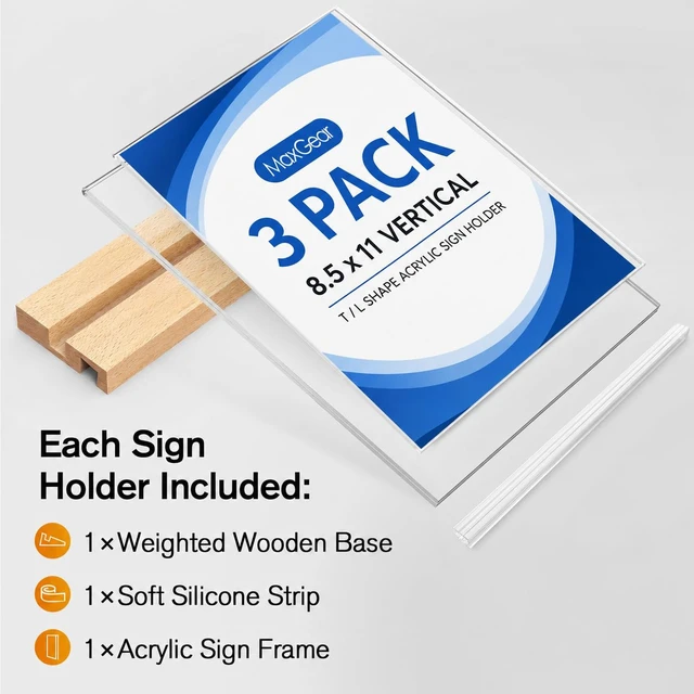Alt view image 4 of 7 - Acrylic Sign Holder with Wood Base 8.5"x11" T/L Display, 6 Pack Easy Sign Replacement, Clear Acrylic Visibility, Stable Countertop Use, Double-Sided Display, Ideal for Events and