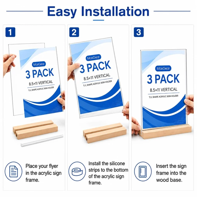 Alt view image 5 of 7 - Acrylic Sign Holder with Wood Base 8.5"x11" T/L Display, 6 Pack Easy Sign Replacement, Clear Acrylic Visibility, Stable Countertop Use, Double-Sided Display, Ideal for Events and