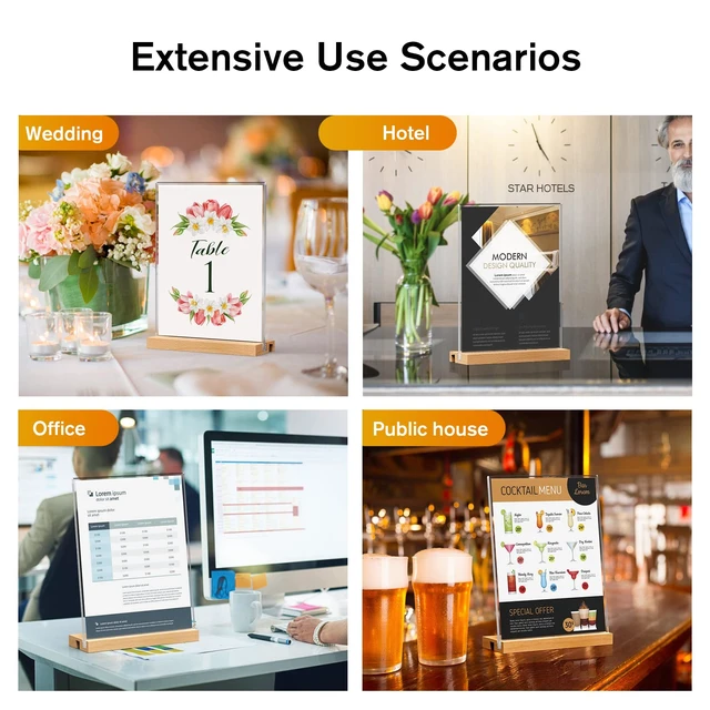 Alt view image 7 of 7 - Acrylic Sign Holder with Wood Base 8.5"x11" T/L Display, 6 Pack Easy Sign Replacement, Clear Acrylic Visibility, Stable Countertop Use, Double-Sided Display, Ideal for Events and