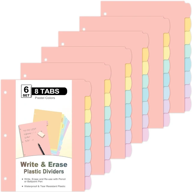Main image of 48 Count/6 Sets Write & Erase Binder Dividers with Tabs, Plastic 8 Tab Dividers for 3 Ring Binder Letter Size, Separators for Student School Home Office Document Organizer, Pastel