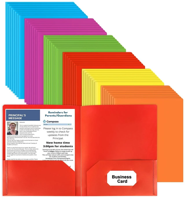 Main image of Plastic Folders with Pockets, 6 Color 48 Pcs Heavy Duty Two Pocket Folder Business Card Holder, for Office, High School
